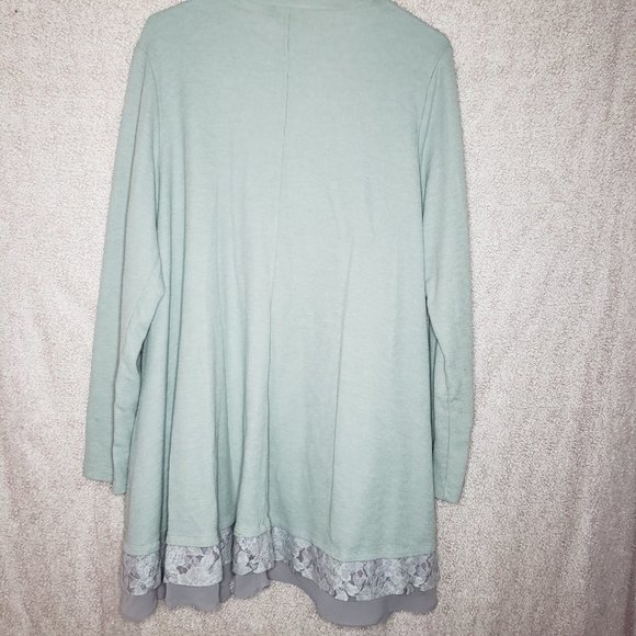 LOGO Lori Goldstein Knit Cardigan Womens XL Mint Green Lace Trim Open Front - Picture 3 of 4